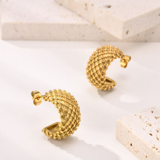 Picture of 1 Pair Eco-friendly Vacuum Plating Simple & Casual Retro 18K Real Gold Plated 304 Stainless Steel C Shape Weave Textured Ear Post Stud Earrings For Women Party 2.1cm x 1.1cm