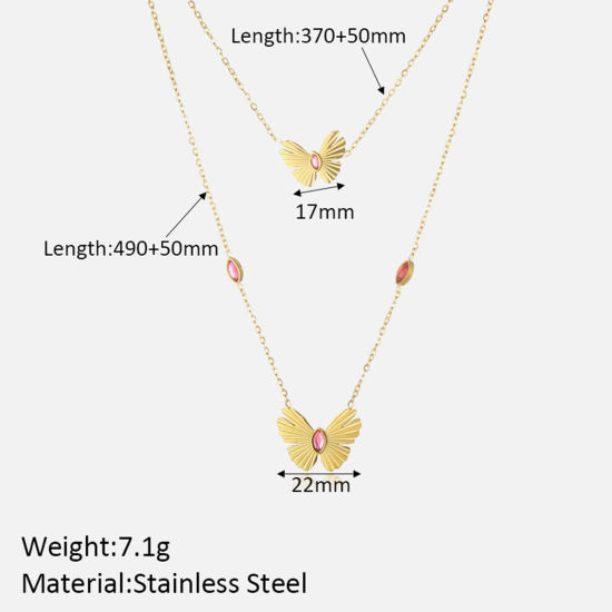 Picture of 1 Piece Eco-friendly Vacuum Plating Retro Stylish 18K Real Gold Plated 304 Stainless Steel & Rhinestone Link Cable Chain Butterfly Animal Multilayer Layered Necklace For Women Party 37cm-49cm long