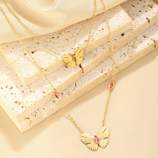 Picture of 1 Piece Eco-friendly Vacuum Plating Retro Stylish 18K Real Gold Plated 304 Stainless Steel & Rhinestone Link Cable Chain Butterfly Animal Multilayer Layered Necklace For Women Party 37cm-49cm long