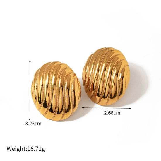 Picture of 1 Pair Eco-friendly Vacuum Plating Stylish Retro 18K Real Gold Plated 304 Stainless Steel Oval Spiral Ear Post Stud Earrings For Women Party 3.2cm x 2.7cm