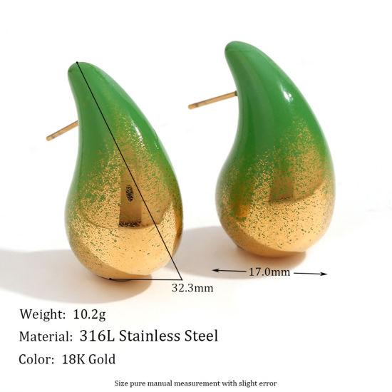 Picture of 1 Pair Eco-friendly Stylish Christmas 18K Real Gold Plated Green 316L Stainless Steel Cashew Drop Painted Ear Post Stud Earrings For Women Party 3.2cm x 1.7cm