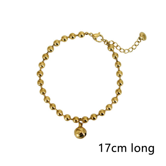 Picture of 1 Piece Eco-friendly Vacuum Plating Simple & Casual Stylish 18K Real Gold Plated 304 Stainless Steel Ball Chain Bell Charm Bracelets For Women Anniversary 17cm(6 6/8") long