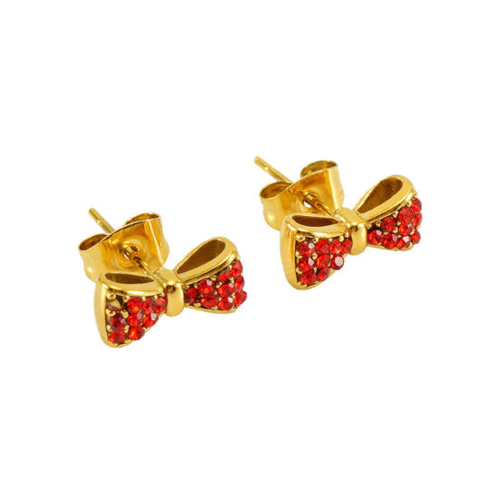 Picture of 1 Pair Eco-friendly Vacuum Plating Sweet & Cute Ins Style 18K Gold Plated 304 Stainless Steel & Rhinestone Bowknot Ear Post Stud Earrings For Women Birthday 11mm x 5mm