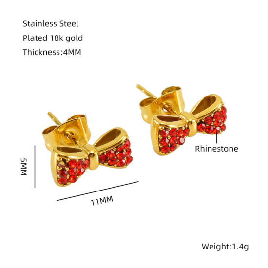 Picture of 1 Pair Eco-friendly Vacuum Plating Sweet & Cute Ins Style 18K Gold Plated 304 Stainless Steel & Rhinestone Bowknot Ear Post Stud Earrings For Women Birthday 11mm x 5mm