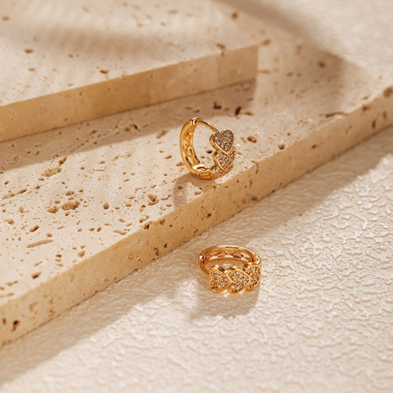 Immagine di 1 Paio Ipoallergenico Squisito Stile Ins 18K Vero Oro Placcato Ottone & Zircone Cubico Anello Cuore Orecchini Circolari Per Donne Festa 1.4cm x 1.3cm