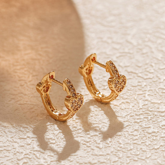 Picture of 1 Pair Hypoallergenic Exquisite Ins Style 18K Real Gold Plated Brass & Cubic Zirconia Circle Ring Heart Hoop Earrings For Women Party 1.6cm x 1.3cm