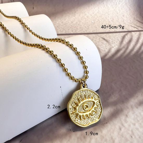 Picture of 1 Piece Eco-friendly Stylish Religious 18K Gold Plated 304 Stainless Steel Ball Chain Coin Evil Eye Pendant Necklace Unisex Party 40cm(15 6/8") long