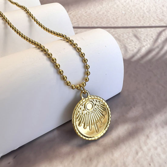 Picture of 1 Piece Eco-friendly Stylish Retro 18K Gold Plated 304 Stainless Steel Ball Chain Coin Sun Pendant Necklace Unisex Party 40cm(15 6/8") long