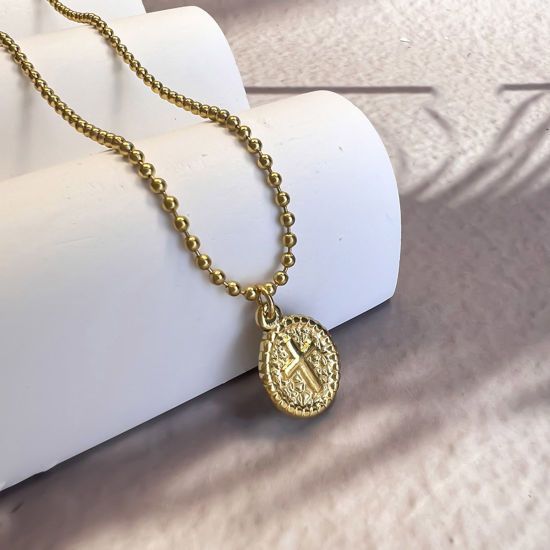 Picture of 1 Piece Eco-friendly Stylish Religious 18K Gold Plated 304 Stainless Steel Ball Chain Coin Cross Pendant Necklace Unisex Party 40cm(15 6/8") long