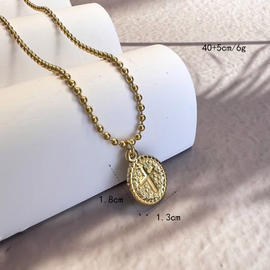 Picture of 1 Piece Eco-friendly Stylish Religious 18K Gold Plated 304 Stainless Steel Ball Chain Coin Cross Pendant Necklace Unisex Party 40cm(15 6/8") long