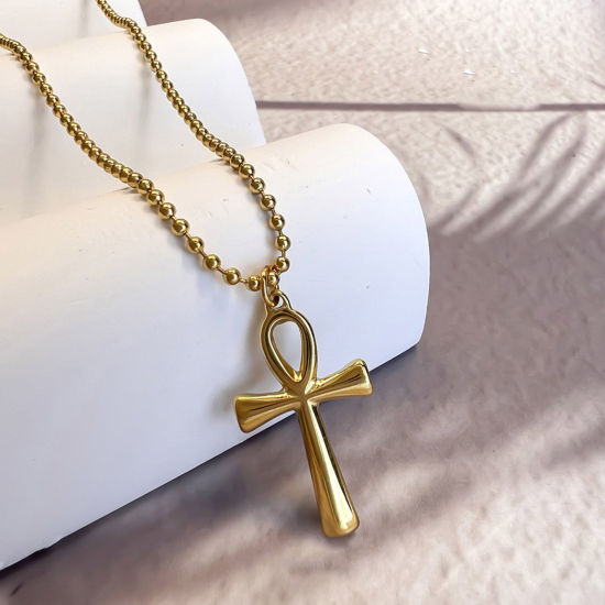 Picture of 1 Piece Eco-friendly Stylish Religious 18K Gold Plated 304 Stainless Steel Ball Chain Cross Pendant Necklace Unisex Party 40cm(15 6/8") long