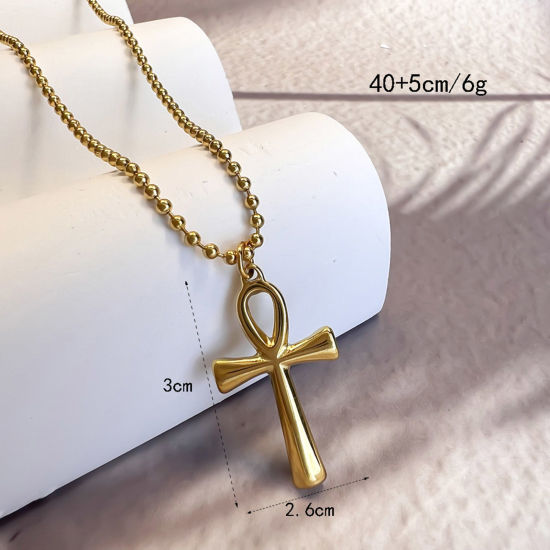 Picture of 1 Piece Eco-friendly Stylish Religious 18K Gold Plated 304 Stainless Steel Ball Chain Cross Pendant Necklace Unisex Party 40cm(15 6/8") long