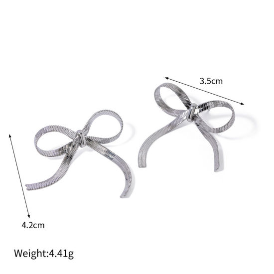 Image de 1 Paire Placage sous Vide À la Mode Boucles d'Oreilles Puces Style Ins en 304 Acier Inoxydable Nœuds Papillon Plaqué Platine Véritable Fête Pour Femmes 4.2cm x 3.5cm