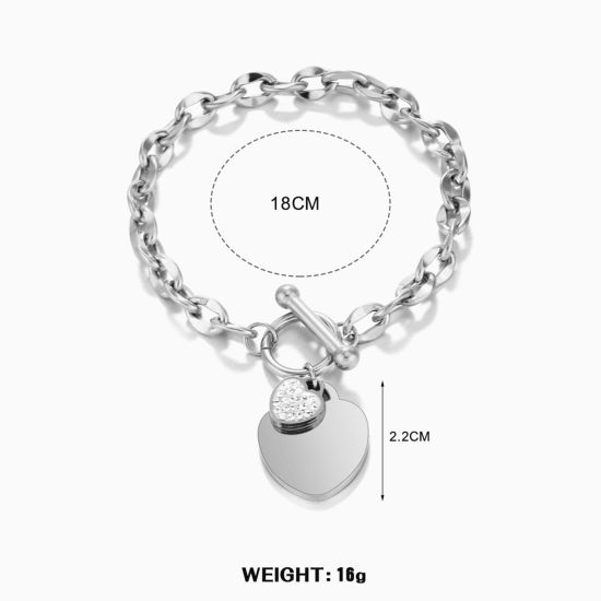 Image de 1 Pièce Placage Sous Vide Écologique À la Mode Bracelets à Breloques Chaîne Maille Cheval Hip-Hop en 304 Acier Inoxydable Argent Mat Cœur Unisexe Fête 18cm long