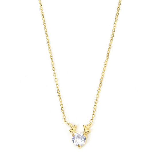 Picture of 1 Piece Vacuum Plating Sweet & Cute Exquisite 18K Real Gold Plated Light Blue 304 Stainless Steel & Rhinestone Link Cable Chain Deer Animal Pendant Necklace For Women Engagement 45cm(17 6/8") long