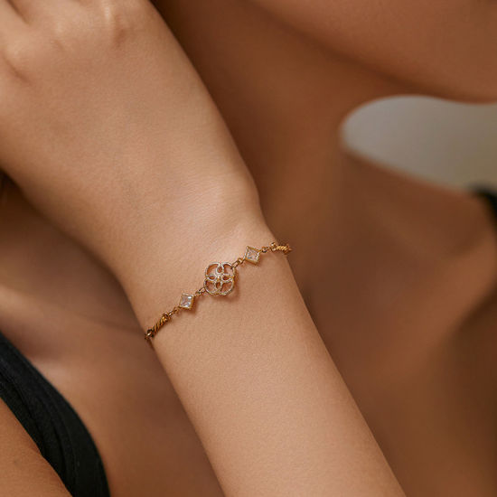 Immagine di 1 Pz Placcatura Sottovuoto Ecologica Dolce & Carino Elegante 18K Vero Oro Placcato Ottone & Strass Fiore Rombo Braccialetti Per Donne Festa 16.5cm Lunghezza