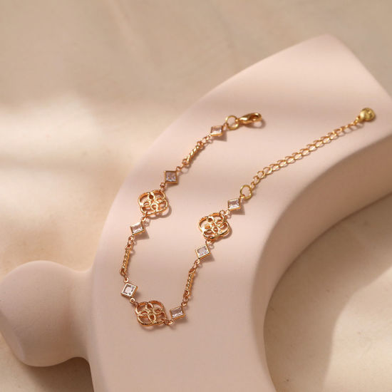 Immagine di 1 Pz Placcatura Sottovuoto Ecologica Dolce & Carino Elegante 18K Vero Oro Placcato Ottone & Strass Fiore Rombo Braccialetti Per Donne Festa 16.5cm Lunghezza