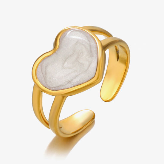 Immagine di 1 Pz Placcatura Sottovuoto Retrò Semplice Placcato Oro 18K Bianco 304 Acciaio Inossidabile Aperto Cuore Smalto Anello Per Donne Festa 17mm (taglia di US: 6.5)