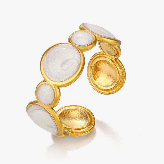 Immagine di 1 Pz Placcatura Sottovuoto Retrò Semplice Placcato Oro 18K Bianco 304 Acciaio Inossidabile Aperto Tondo Smalto Anello Per Donne Festa 17mm (taglia di US: 6.5)