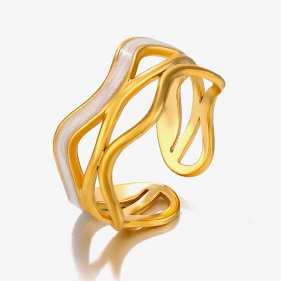 Immagine di 1 Pz Placcatura Sottovuoto Retrò Semplice Placcato Oro 18K Bianco 304 Acciaio Inossidabile Aperto Onda Striscia Smalto Anello Per Donne Festa 17mm (taglia di US: 6.5)