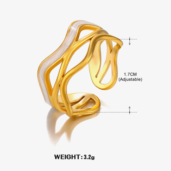 Immagine di 1 Pz Placcatura Sottovuoto Retrò Semplice Placcato Oro 18K Bianco 304 Acciaio Inossidabile Aperto Onda Striscia Smalto Anello Per Donne Festa 17mm (taglia di US: 6.5)