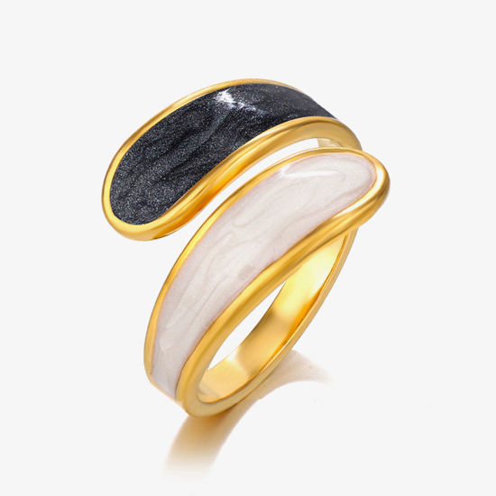 Immagine di 1 Pz Placcatura Sottovuoto Retrò Semplice Placcato Oro 18K Nero & Bianco 304 Acciaio Inossidabile Aperto Smalto Anello Per Donne Festa 17mm (taglia di US: 6.5)