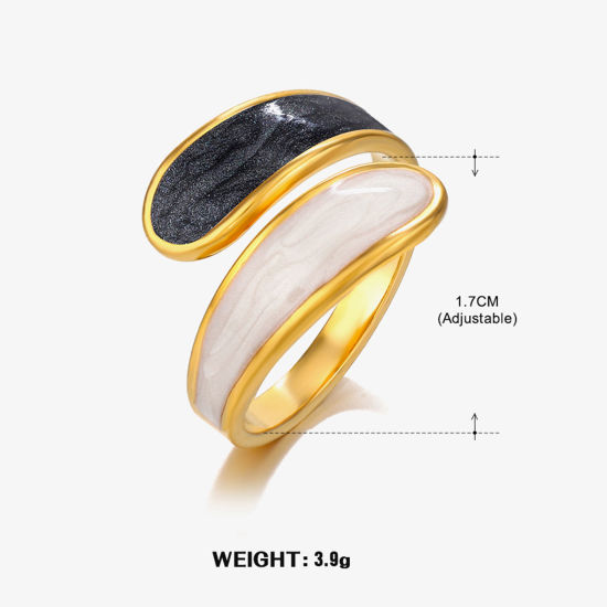Immagine di 1 Pz Placcatura Sottovuoto Retrò Semplice Placcato Oro 18K Nero & Bianco 304 Acciaio Inossidabile Aperto Smalto Anello Per Donne Festa 17mm (taglia di US: 6.5)