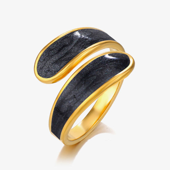 Immagine di 1 Pz Placcatura Sottovuoto Retrò Semplice Placcato Oro 18K Nero 304 Acciaio Inossidabile Aperto Smalto Anello Per Donne Festa 17mm (taglia di US: 6.5)