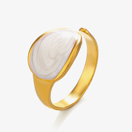 Immagine di 1 Pz Placcatura Sottovuoto Retrò Semplice Placcato Oro 18K Bianco 304 Acciaio Inossidabile Aperto Ovale Smalto Anello Per Donne Festa 17mm (taglia di US: 6.5)