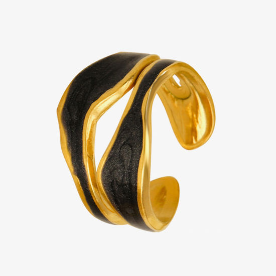 Immagine di 1 Pz Placcatura Sottovuoto Retrò Semplice Placcato Oro 18K Nero 304 Acciaio Inossidabile Aperto Smalto Anello Per Donne Festa 17mm (taglia di US: 6.5)