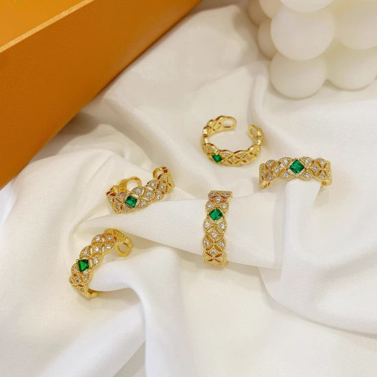 Immagine di 1 Pz Ecologico Squisito Elegante Placcato Oro 18K Ottone & Strass Aperto A Forma di Ventagli Pizzo Anello Per Donne Festa 17mm (taglia di US: 6.5)
