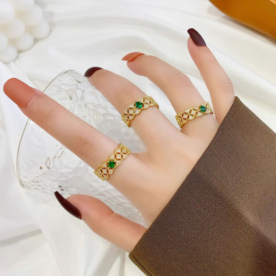 Immagine di 1 Pz Ecologico Squisito Elegante Placcato Oro 18K Ottone & Strass Aperto A Forma di Ventagli Pizzo Anello Per Donne Festa 17mm (taglia di US: 6.5)
