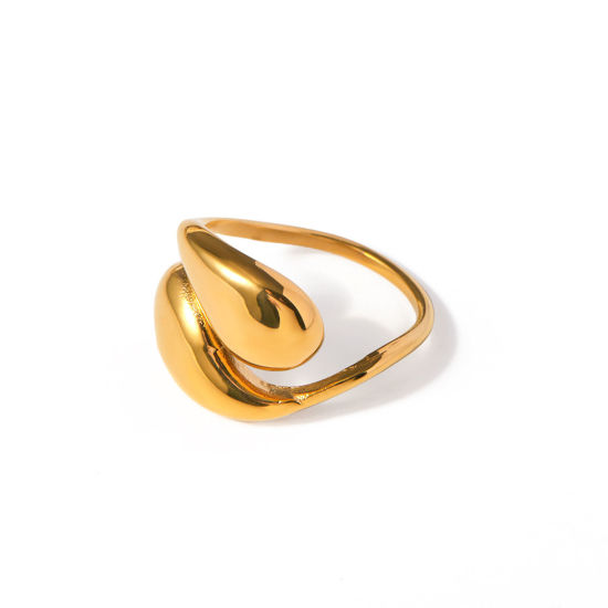 Image de 1 Pièce Placage Sous Vide Écologique À la Mode Bagues Ouvert Simple en 304 Acier Inoxydable Plaqué Or Véritable 18K Goutte d'Eau Pour Femmes Fête 18mm (Taille d'US 7.75)
