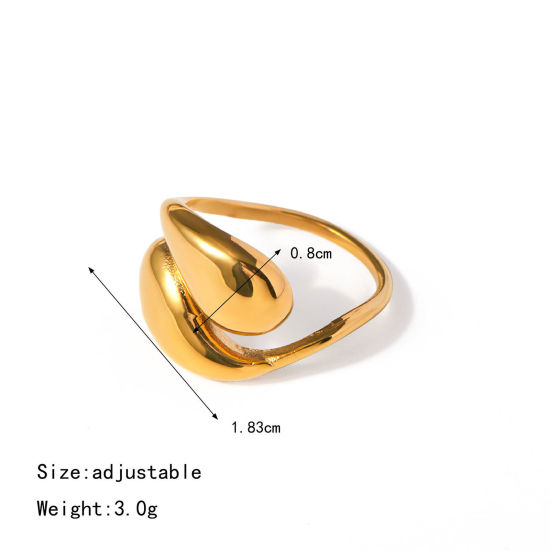 Image de 1 Pièce Placage Sous Vide Écologique À la Mode Bagues Ouvert Simple en 304 Acier Inoxydable Plaqué Or Véritable 18K Goutte d'Eau Pour Femmes Fête 18mm (Taille d'US 7.75)