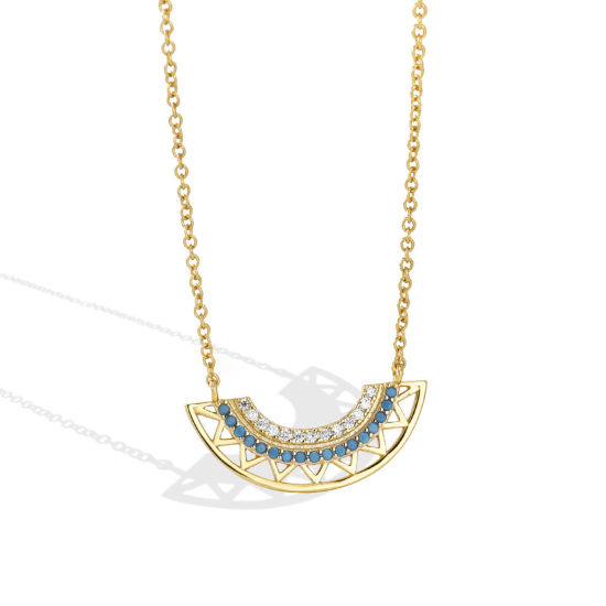 Picture of 1 Piece Eco-friendly Vacuum Plating Bohemia Boho Ethnic 18K Real Gold Plated Brass & Rhinestone Link Cable Chain Fan-shaped Filigree With Resin Cabochons Imitation Turquoise Pendant Necklace For Women Party 45cm(17 6/8") long