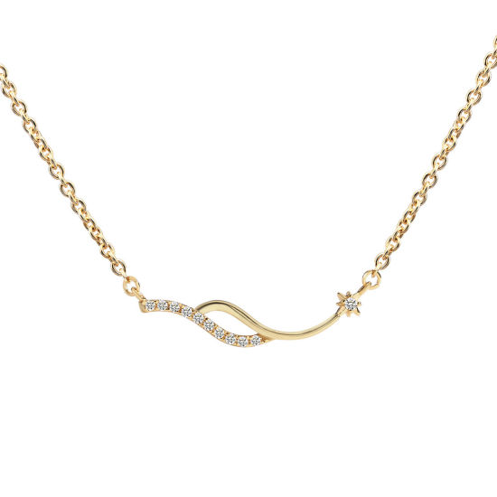 Picture of 1 Piece Eco-friendly Vacuum Plating Stylish Exquisite 18K Real Gold Plated Brass & Rhinestone Link Cable Chain Wave Streak Pendant Necklace For Women Party 45cm(17 6/8") long