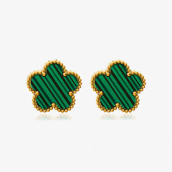 Image de 1 Paire Respectueux de la Nature Sucré & Mignon Boucles d'Oreilles Puces Exquis en 304 Acier Inoxydable & Coquille Fleur Rayées Plaqué Or 18K Vert Fête Pour Femmes 1.3cm