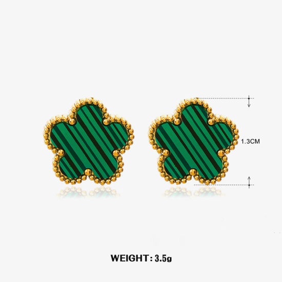 Image de 1 Paire Respectueux de la Nature Sucré & Mignon Boucles d'Oreilles Puces Exquis en 304 Acier Inoxydable & Coquille Fleur Rayées Plaqué Or 18K Vert Fête Pour Femmes 1.3cm