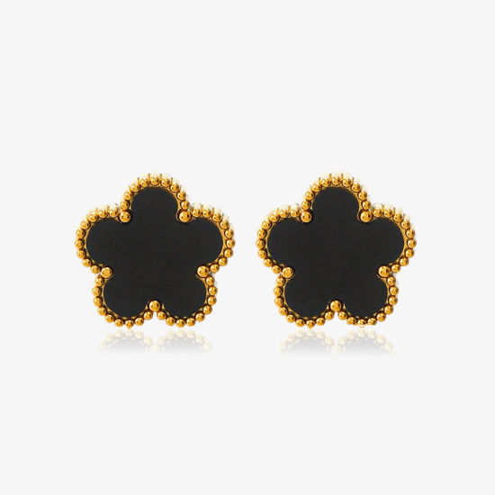 Image de 1 Paire Respectueux de la Nature Sucré & Mignon Boucles d'Oreilles Puces Exquis en 304 Acier Inoxydable & Coquille Fleur Plaqué Or 18K Noir Fête Pour Femmes 1.3cm