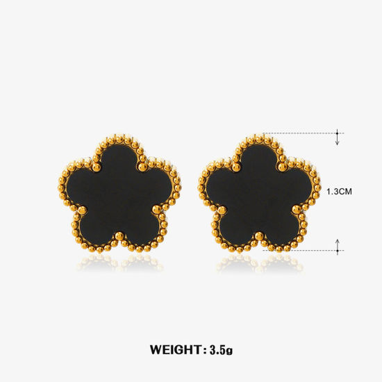 Image de 1 Paire Respectueux de la Nature Sucré & Mignon Boucles d'Oreilles Puces Exquis en 304 Acier Inoxydable & Coquille Fleur Plaqué Or 18K Noir Fête Pour Femmes 1.3cm