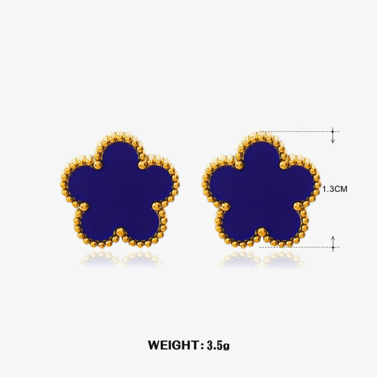 Image de 1 Paire Respectueux de la Nature Sucré & Mignon Boucles d'Oreilles Puces Exquis en 304 Acier Inoxydable & Coquille Fleur Plaqué Or 18K Bleu Fête Pour Femmes 1.3cm