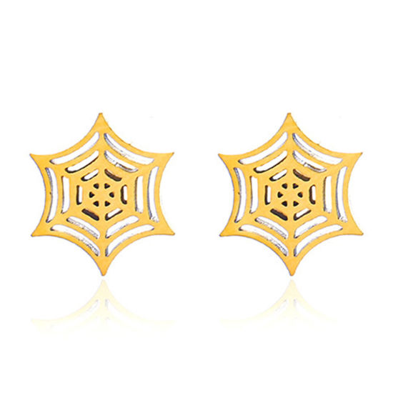 Immagine di 1 Paio Placcatura Sottovuoto Stile Ins Carino Placcato Oro 18K 304 Acciaio Inossidabile Ragnatela Filigrana Orecchini a Perno Unisex Halloween 1.1cm x 1.1cm