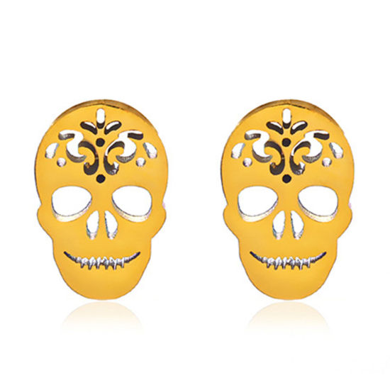 Immagine di 1 Paio Placcatura Sottovuoto Stile Ins Halloween Placcato Oro 18K 304 Acciaio Inossidabile Cranio Filigrana Orecchini a Perno Unisex Halloween 1.2cm x 0.8cm