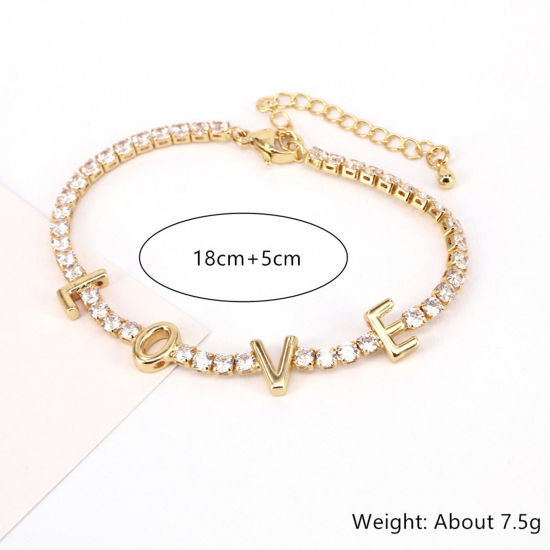 Picture of 1 Piece Eco-friendly Exquisite Mother's Day 18K Gold Plated Brass & Rhinestone Cup Chain Message " LOVE " Micro Pave Bracelets For Women Women's Day 18cm(7 1/8") long