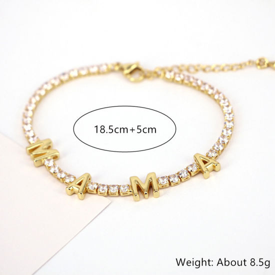 Picture of 1 Piece Eco-friendly Exquisite Mother's Day 18K Gold Plated Brass & Rhinestone Cup Chain Message " Mama " Micro Pave Bracelets For Women Mother's Day 18.5cm(7 2/8") long