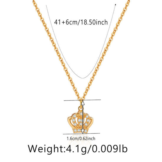 Picture of 1 Piece Eco-friendly Retro Retro 18K Real Gold Plated Brass & Rhinestone Link Cable Chain Crown Micro Pave Pendant Necklace For Women Party 40cm(15 6/8") long