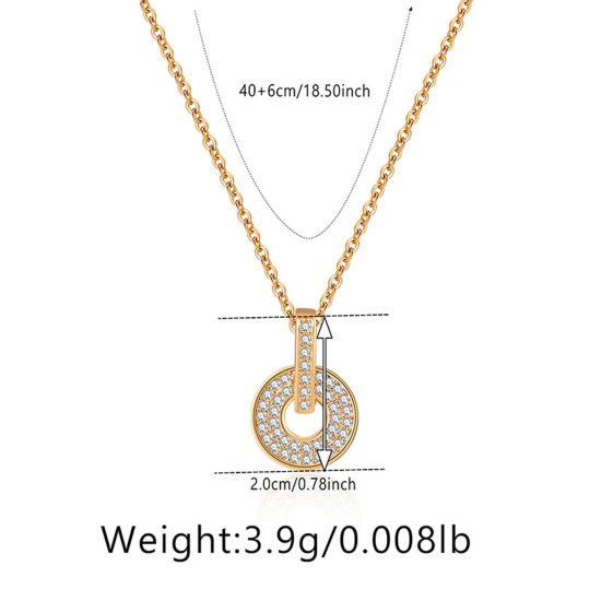 Picture of 1 Piece Eco-friendly Retro Retro 18K Real Gold Plated Brass & Rhinestone Link Cable Chain Circle Ring Micro Pave Pendant Necklace For Women Party 40cm(15 6/8") long