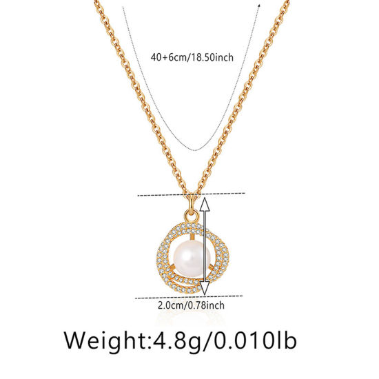 Picture of 1 Piece Eco-friendly Retro Retro 18K Real Gold Plated Brass & Rhinestone Link Cable Chain Circle Ring Imitation Pearl Pendant Necklace For Women Party 40cm(15 6/8") long