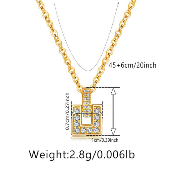 Picture of 1 Piece Eco-friendly Retro Retro 18K Real Gold Plated Brass & Rhinestone Link Cable Chain Lock Micro Pave Pendant Necklace For Women Party 45cm(17 6/8") long