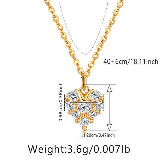 Picture of 1 Piece Eco-friendly Retro Retro 18K Real Gold Plated Brass & Rhinestone Link Cable Chain Heart Micro Pave Pendant Necklace For Women Party 40cm(15 6/8") long